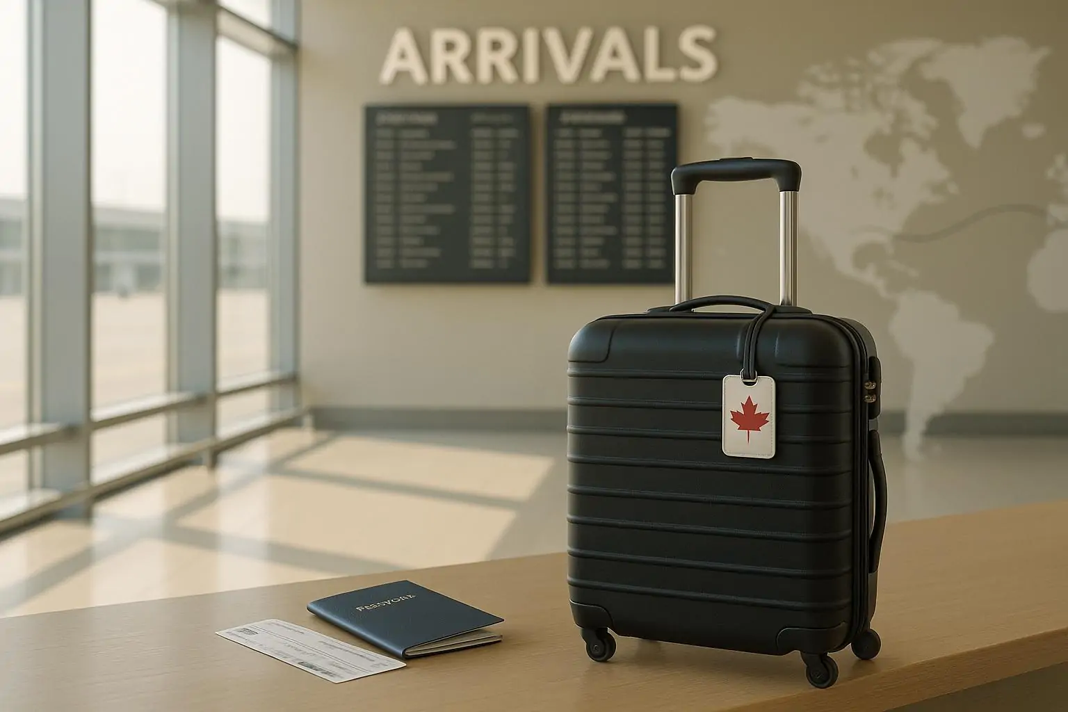 Тихая зона прилёта аэропорта: чемодан с канадской биркой и посадочный талон, на фоне табло рейсов
