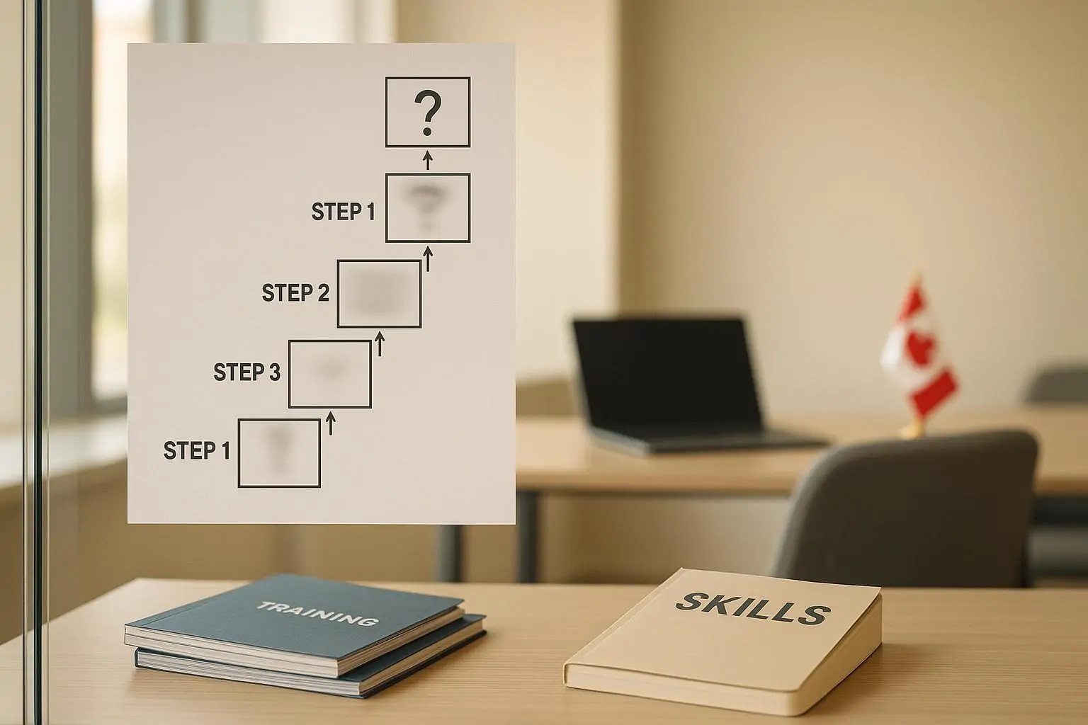 Светлый офис: на стекле схема карьерного роста с размытыми шагами и знак вопроса, рядом блокнот.