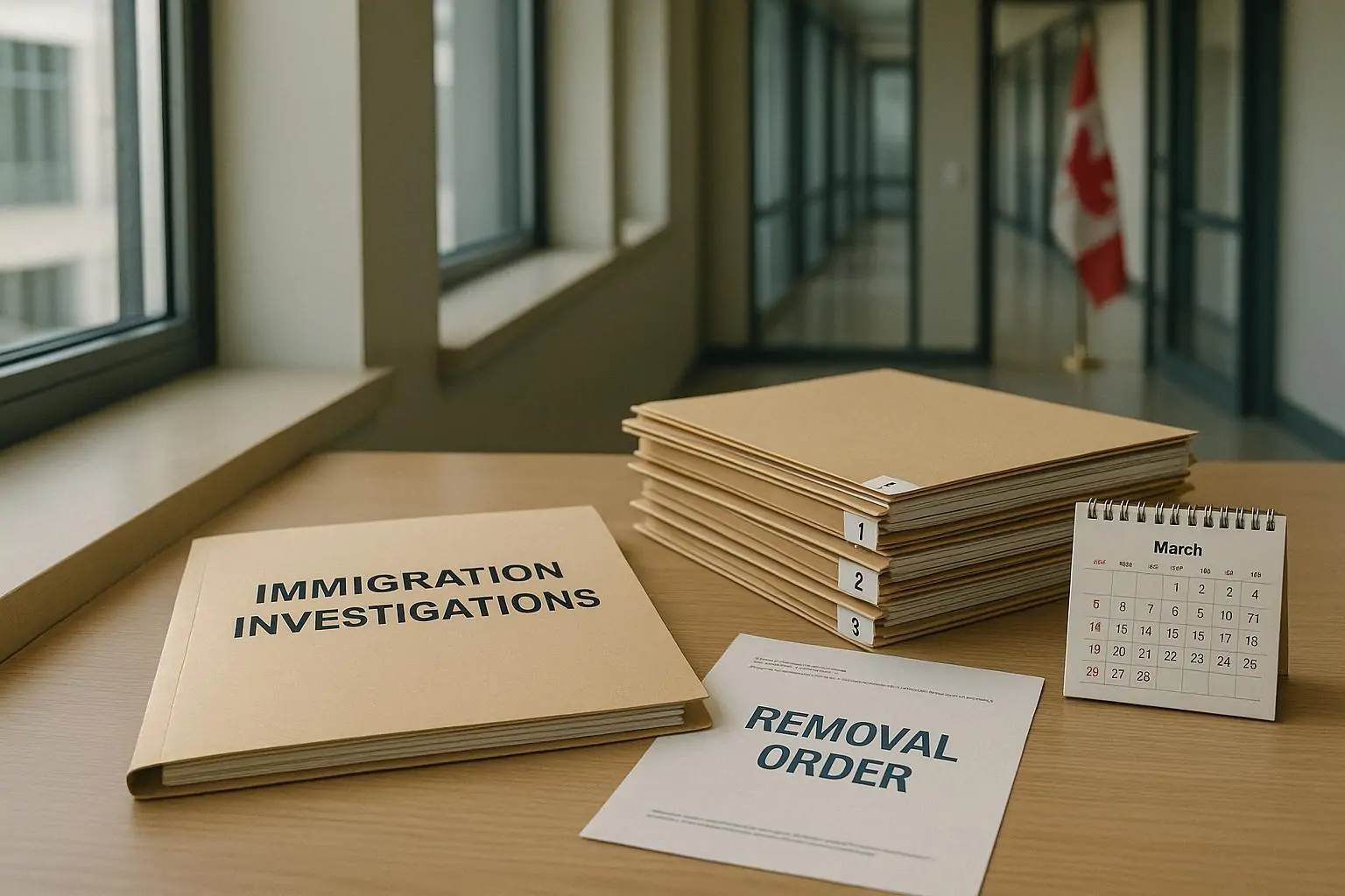 Папки с иммиграционными расследованиями на столе в гософисе Канады, мягкий дневной свет