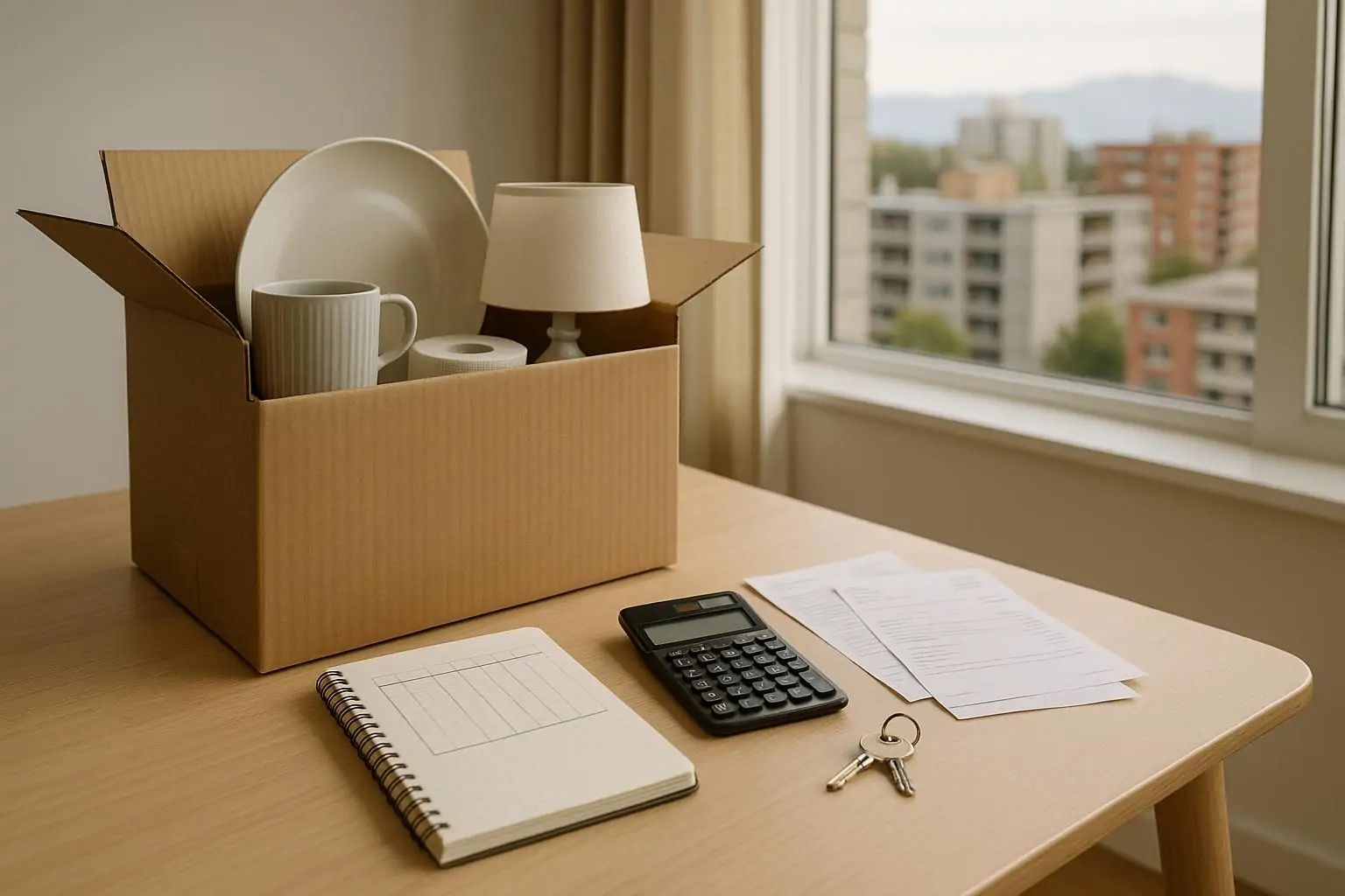 Коробка для переезда, калькулятор и счета на столе у окна, символ скрытых расходов при смене региона