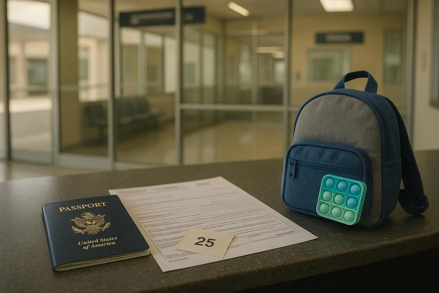 Документы и детский рюкзак на столе в нейтральной зоне проверки, символ сложностей иммиграции