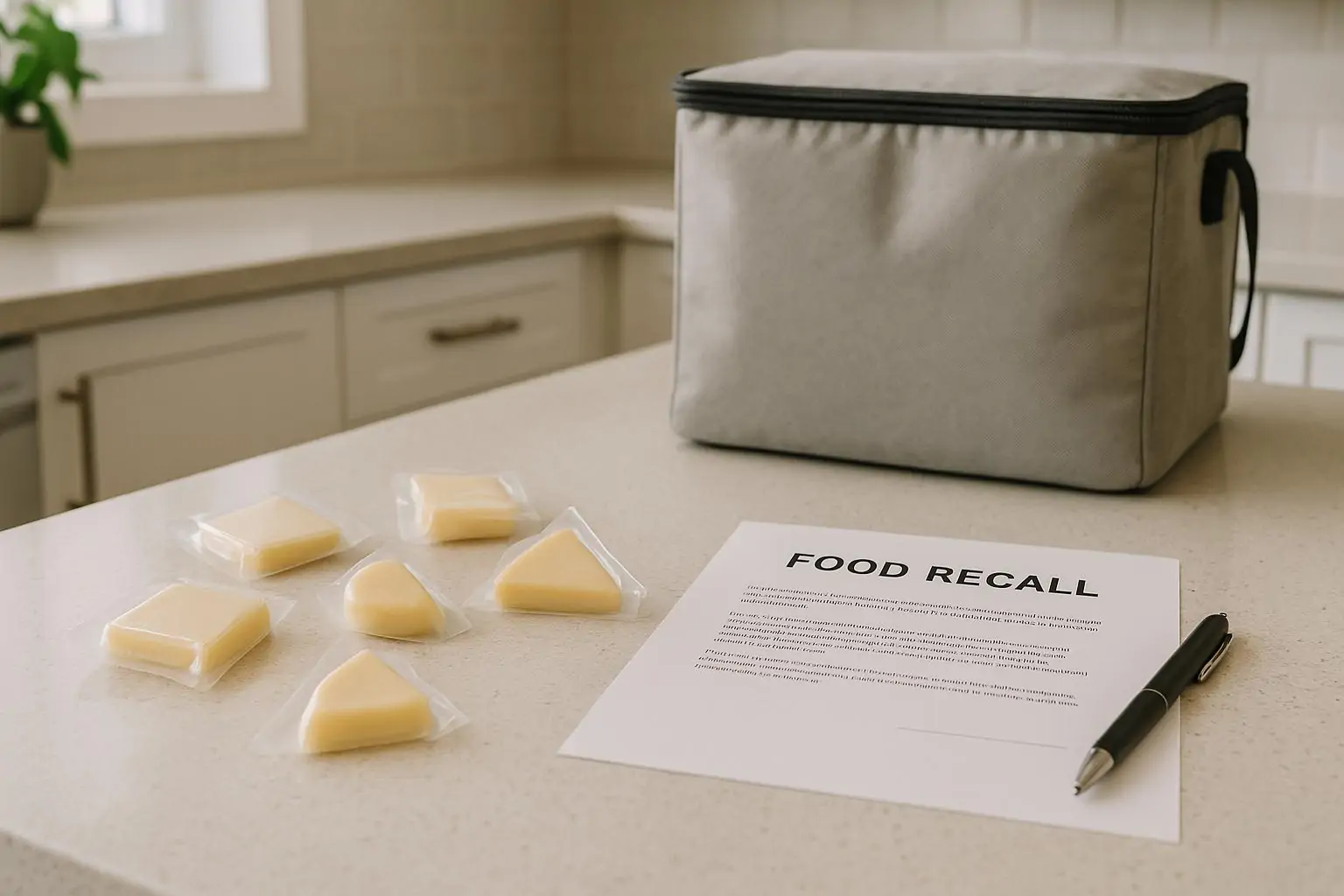 Небрендированные порционные упаковки сыра рядом с листом уведомления об отзыве на светлой кухонной поверхности