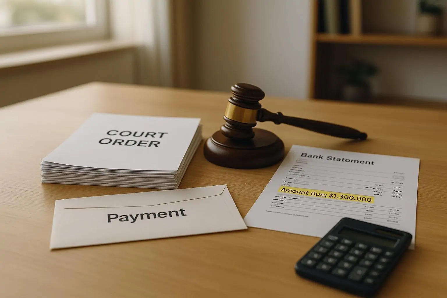 Судебные документы, выписка банка и пустой конверт символизируют невыплаченное решение на $1,3 млн.