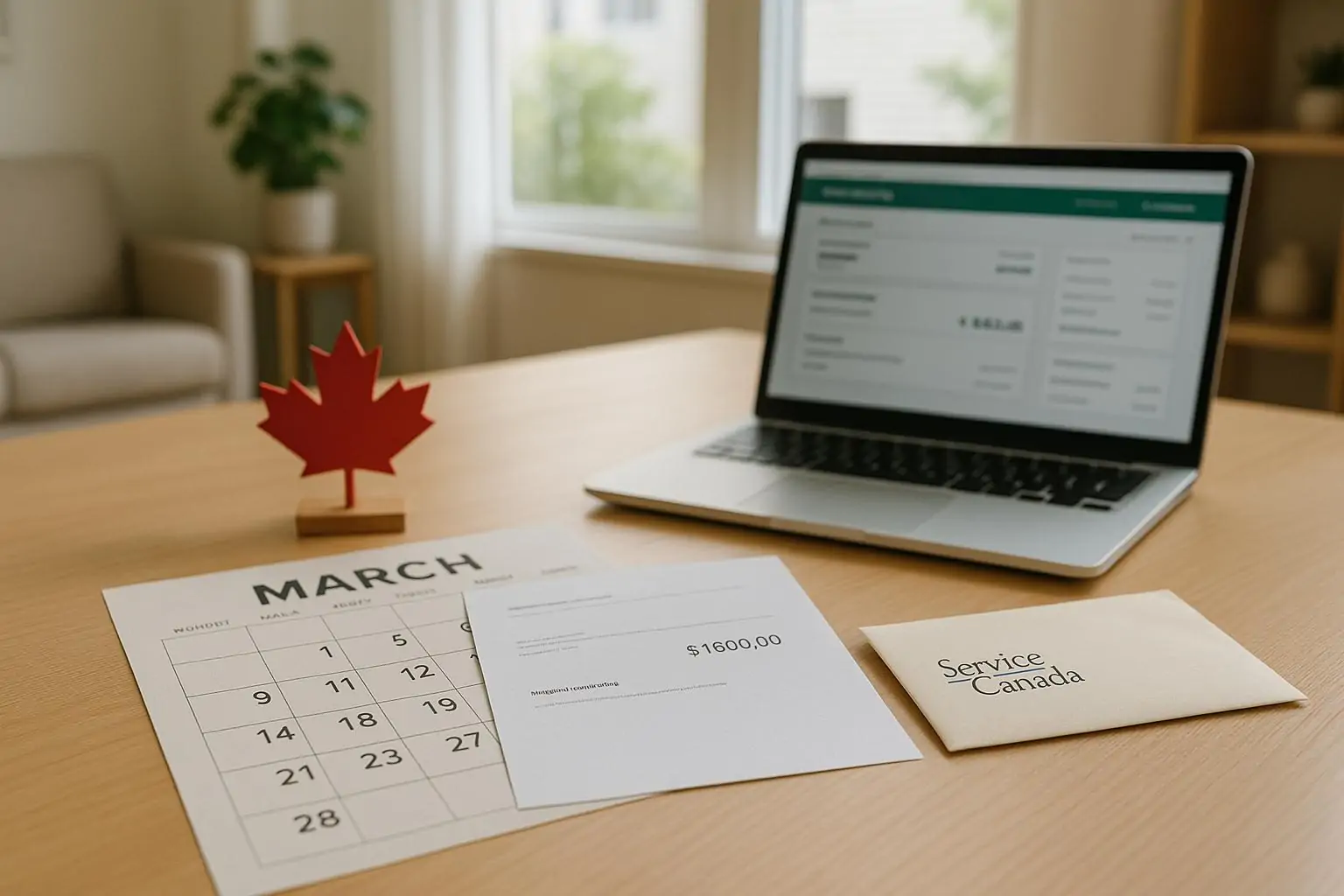Календарь с отмеченным 27 марта рядом с банковской выпиской и ноутбуком, символ выплаты CPP в Канаде.