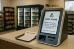 Крипто-банкомат в небольшом магазине с заметным предупреждением о мошенничестве и чеком рядом