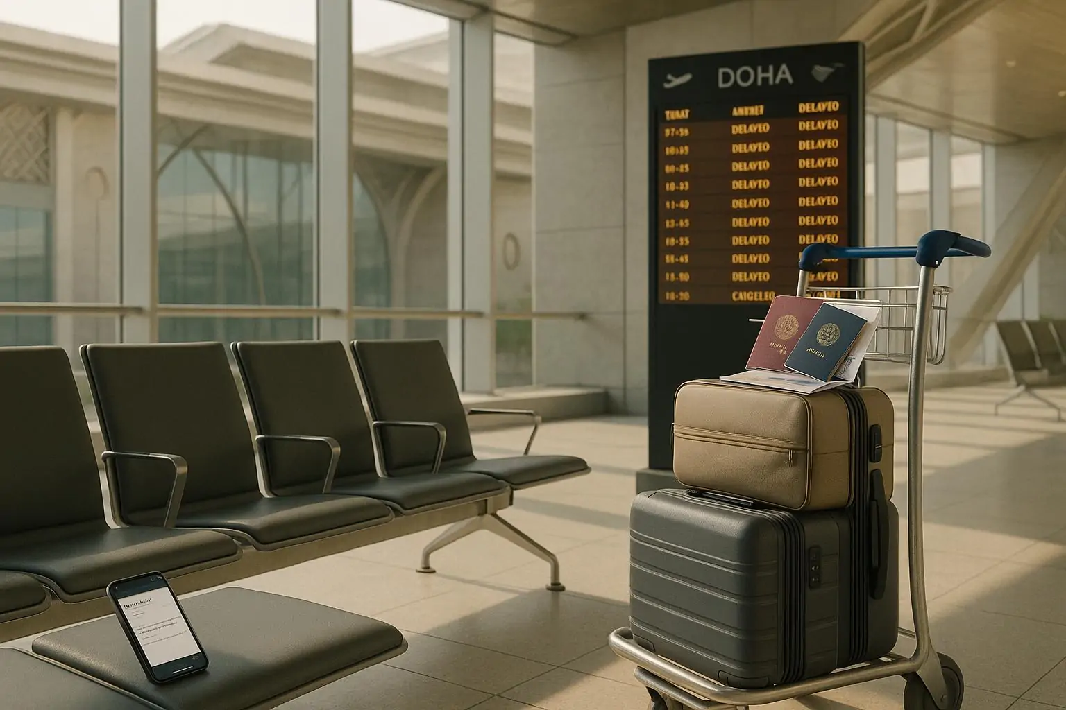 Зал ожидания в аэропорту Дохи: багаж, паспорта и документы рядом с табло задержанных рейсов.