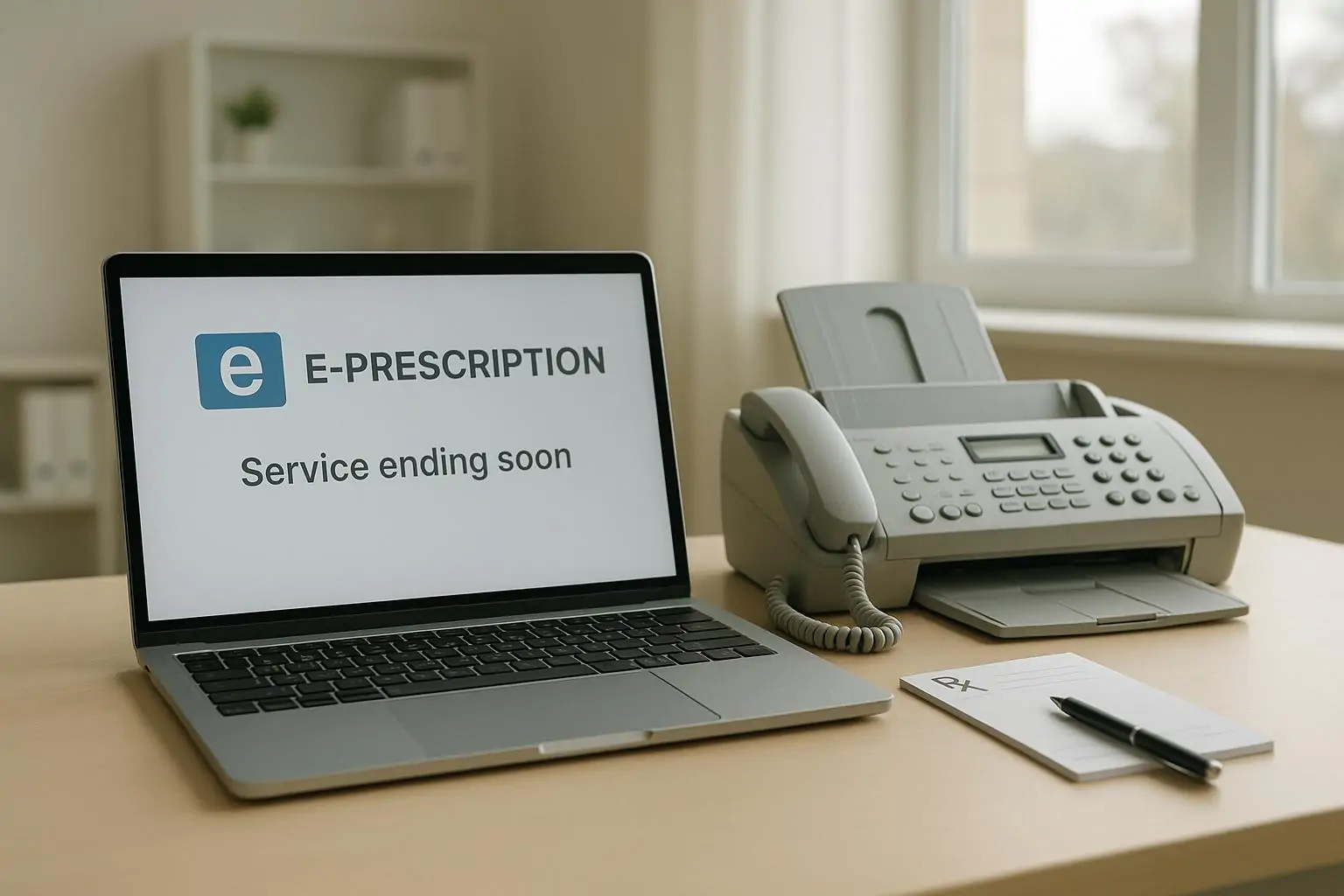 Ноутбук с экраном электронных рецептов рядом с факсом на столе в светлом кабинете, символ отката