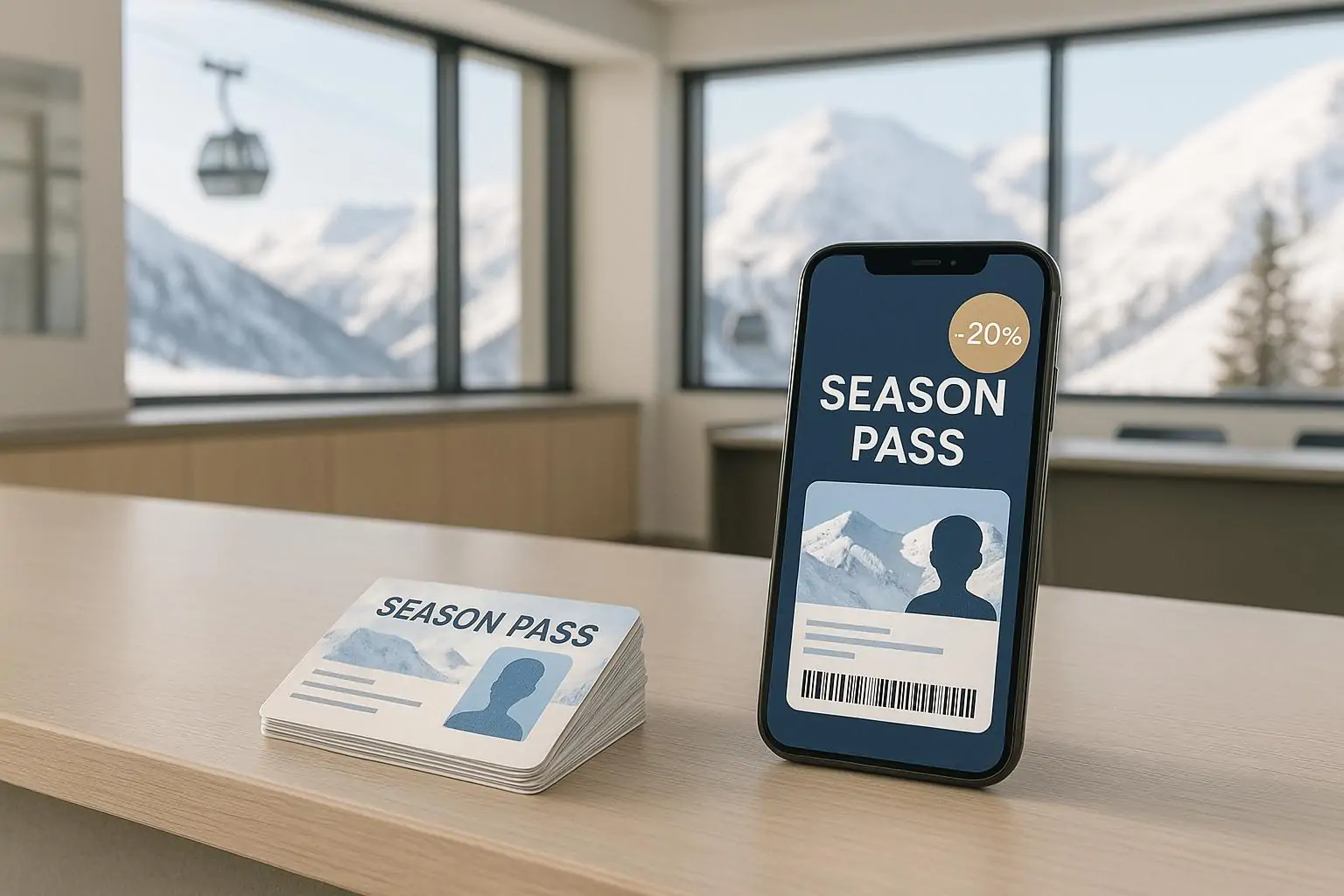Абонемент на горнолыжный сезон и смартфон со значком скидки на фоне светлых зимних гор в окне.