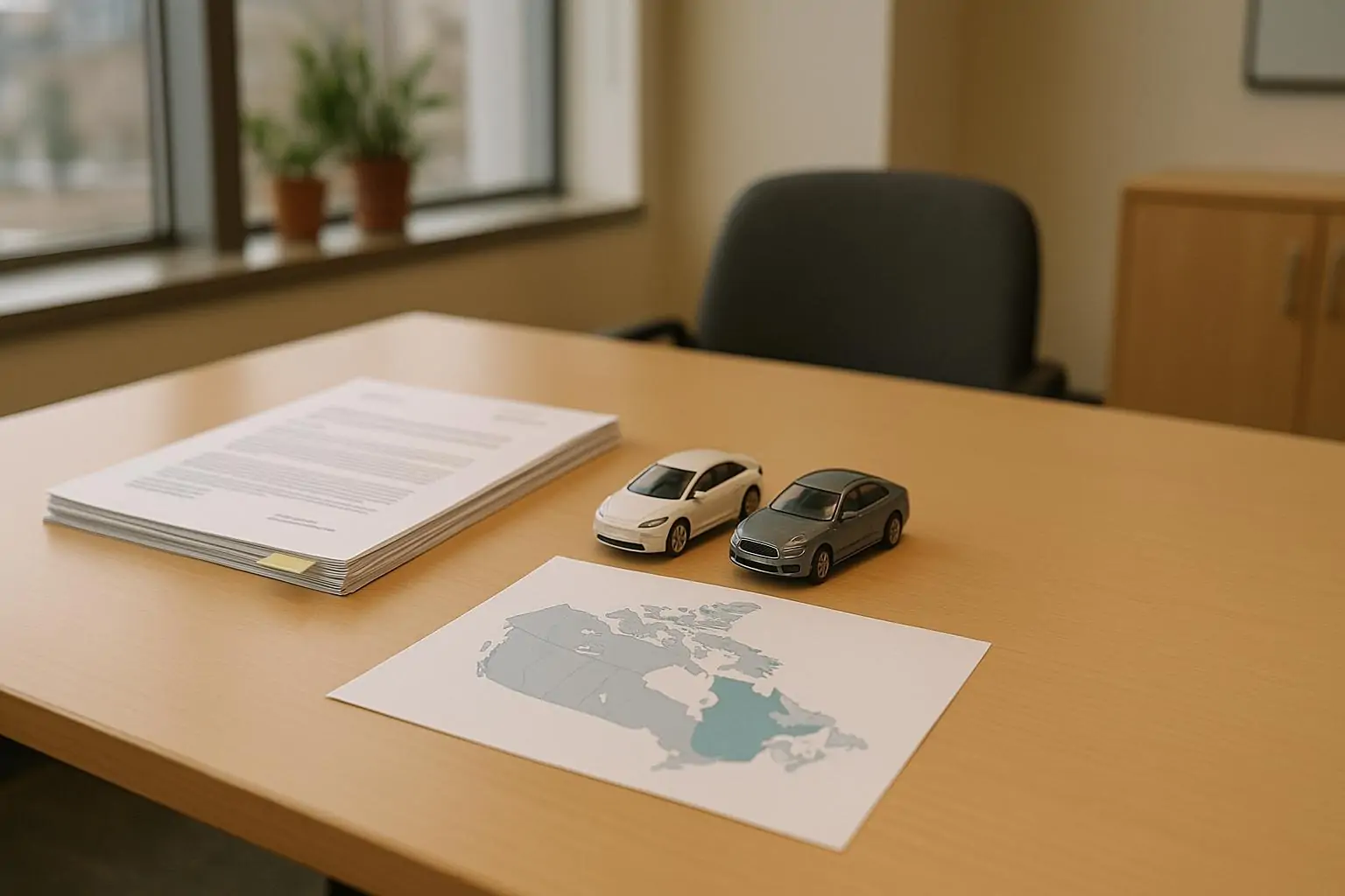 Письма и карта Канады на столе рядом с моделями авто, символ спора о целях продаж электромобилей