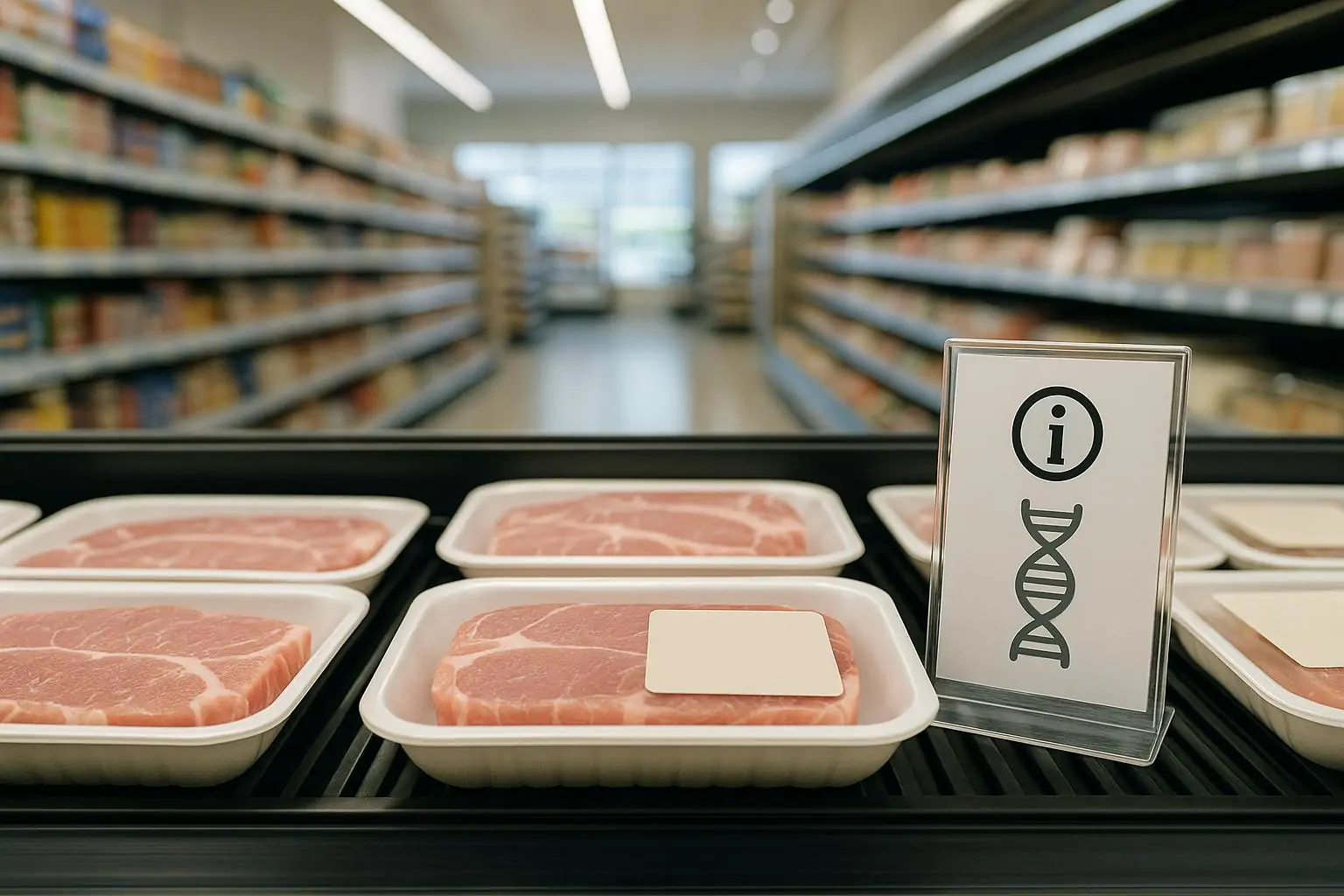 Полка канадского супермаркета с упаковками свинины и нейтральной карточкой с символом ДНК без явной маркировки
