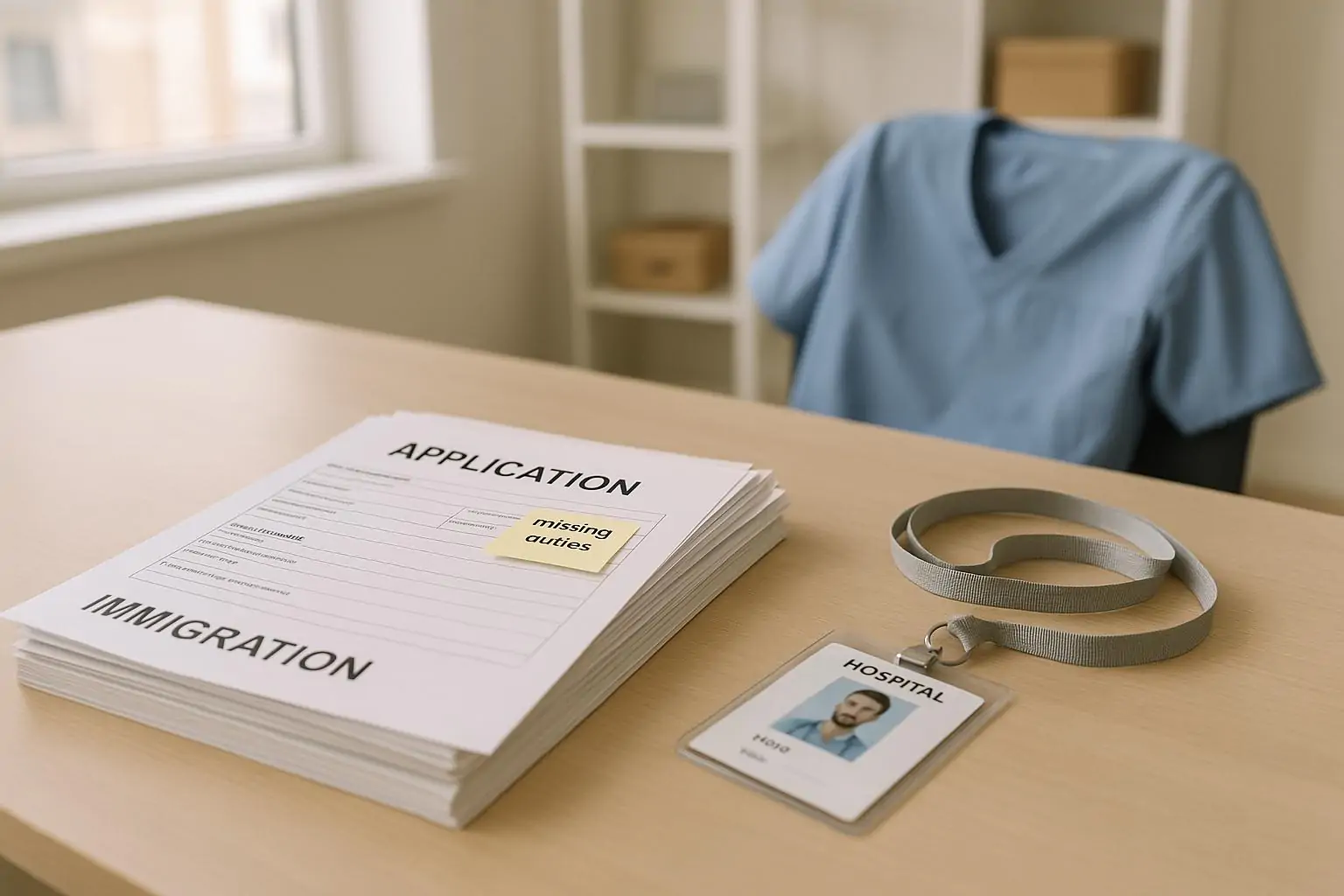 Папка с иммиграционными документами и заметкой о недостающей строке рядом с медформой и бейджем
