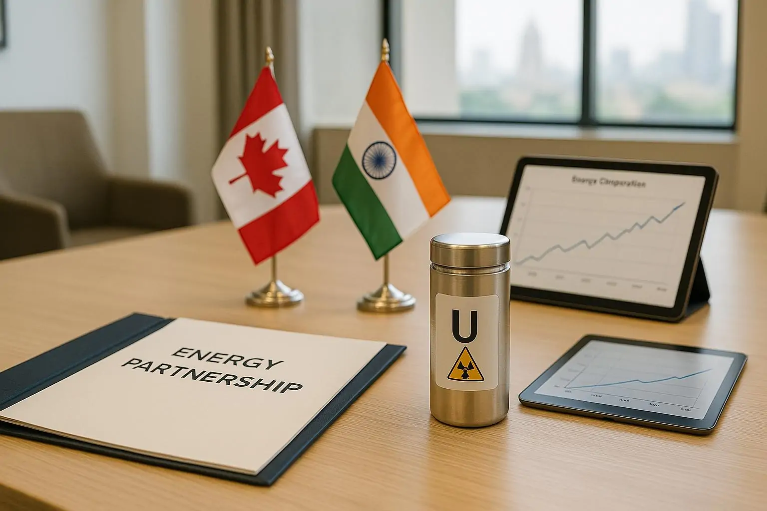 Папка о энергопартнёрстве Канада—Индия и нейтральный контейнер образца урана на столе в Нью‑Дели