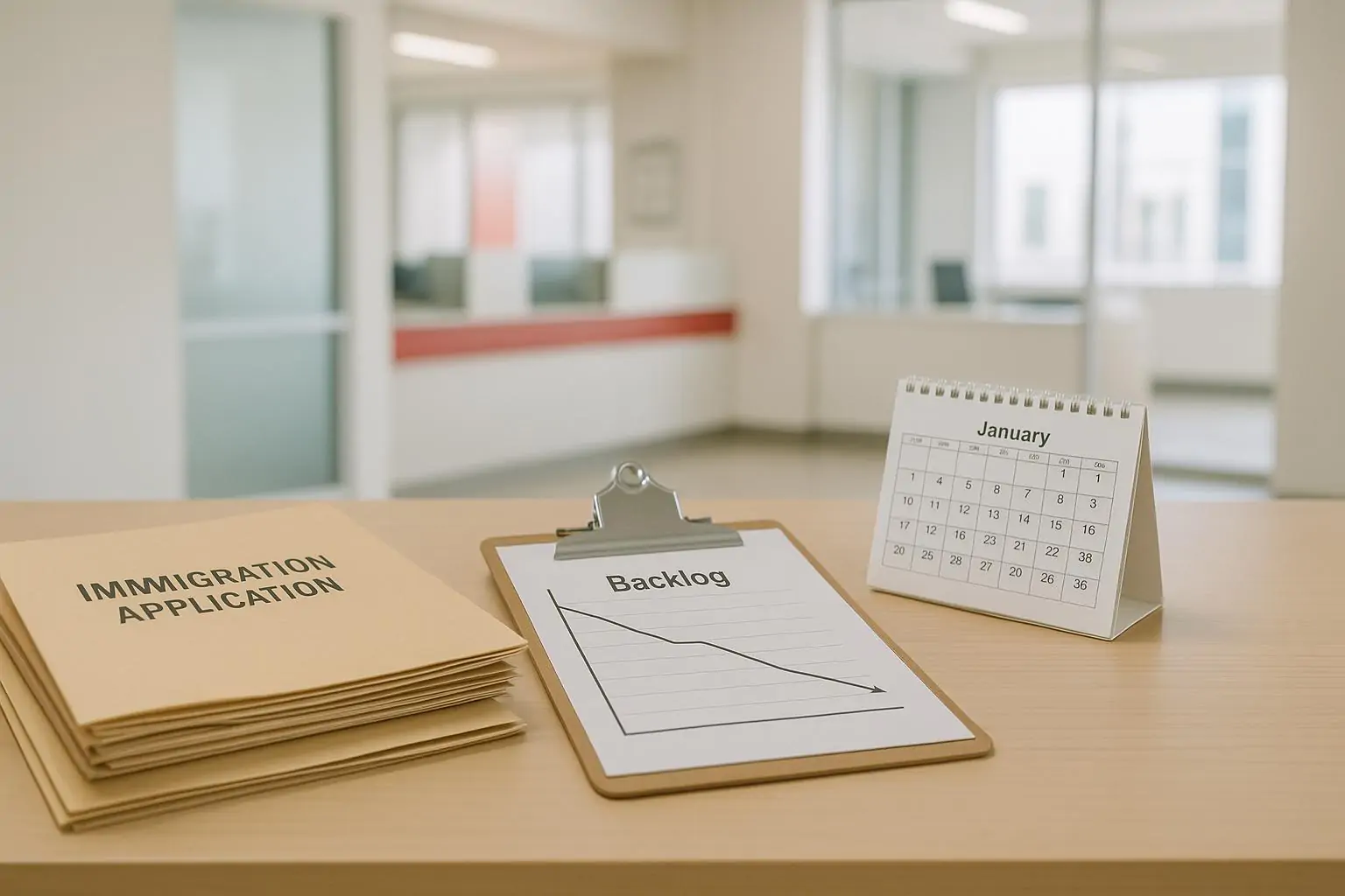 Стол в офисе с папками заявок и графиком снижения бэклога, мягкий дневной свет, нейтральный фон