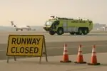 Спокойная взлётная полоса с табличкой «Runway Closed», конусами и стоящим вдали аэродромным пожарным авто