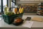 Корзина с продуктами и чек на кассе супермаркета, где строка налога аккуратно зачёркнута.