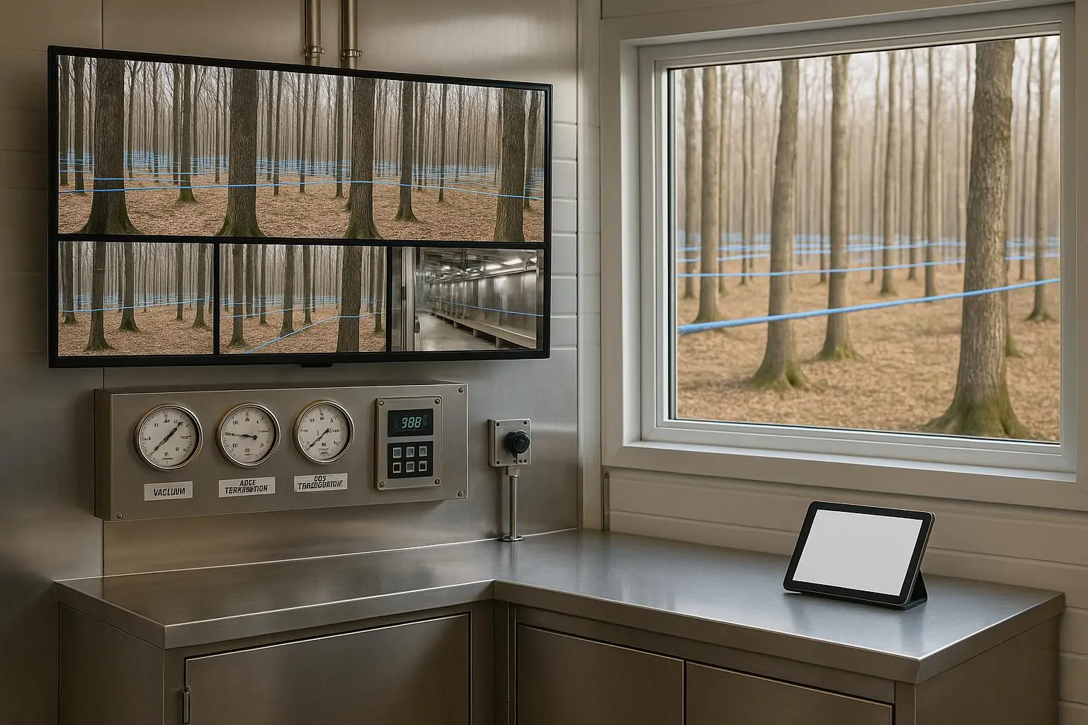 Современный цех кленового сиропа: экраны мониторинга и трубки сбора сока, дневной свет, чистая обстановка