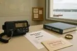 Радиостанция на столе и журнал с пометкой MAYDAY рядом с решением арбитража, вид на спокойную гавань.