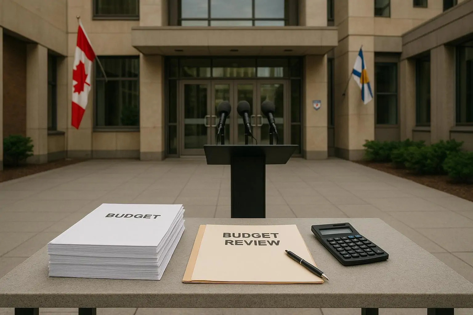 У входа в здание парламента: пустой трибунный микрофон и папка «пересмотр бюджета» на столе