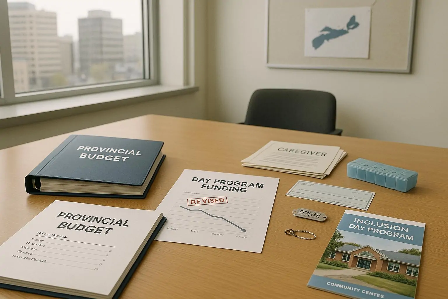 Папка с бюджетом и документы по уходу на столе, график снижения финансирования программ поддержки