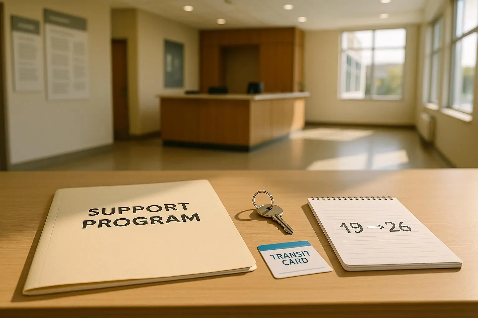 Светлый офис госслужбы: папка «Support Program», ключ и заметка с линией 19→26, символ продления поддержки.