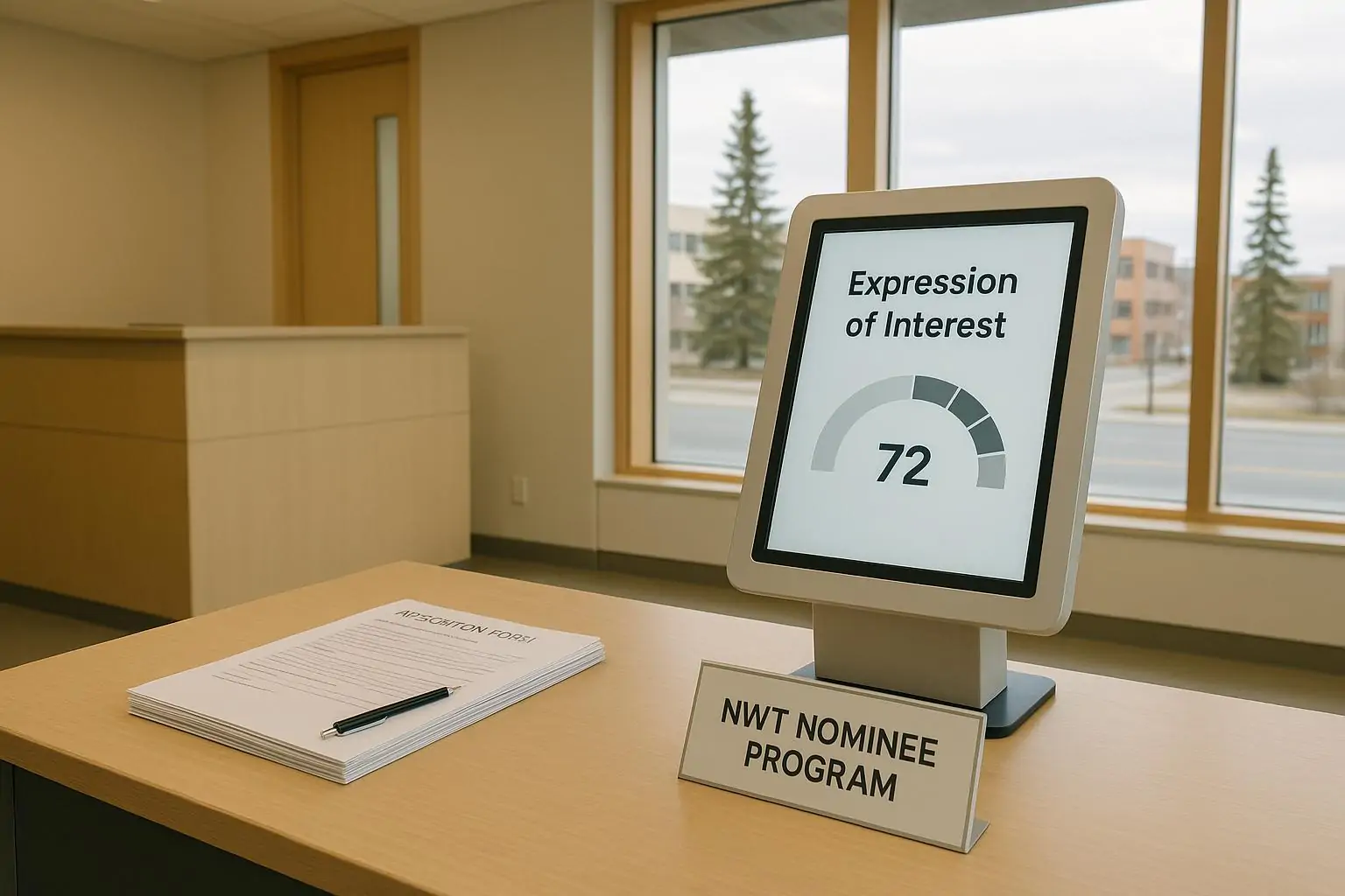 Инфокиоск с надписью Expression of Interest и аккуратные формы заявок в современном офисе, дневной свет