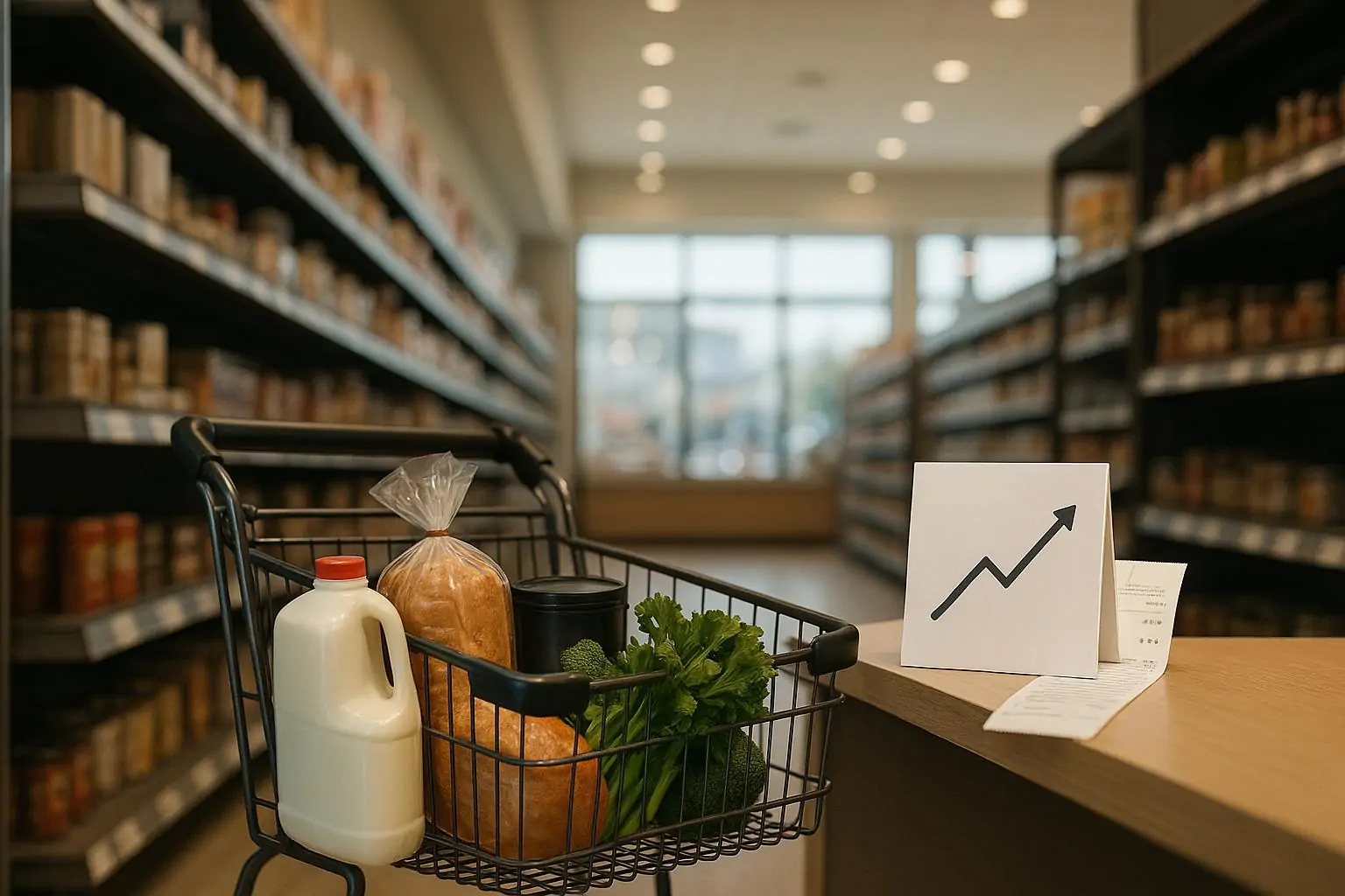 Тележка в канадском супермаркете рядом с ценниками и нейтральным графиком роста, мягкий дневной свет