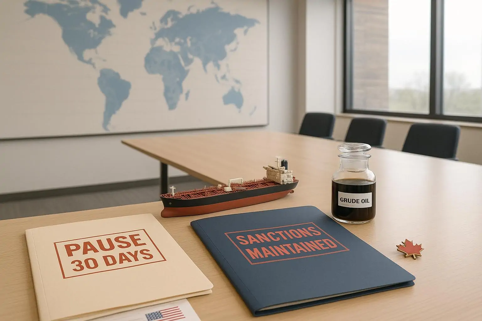 Светлый офис с документами о санкциях и макетом танкера на столе, символ паузы США и позиции Канады