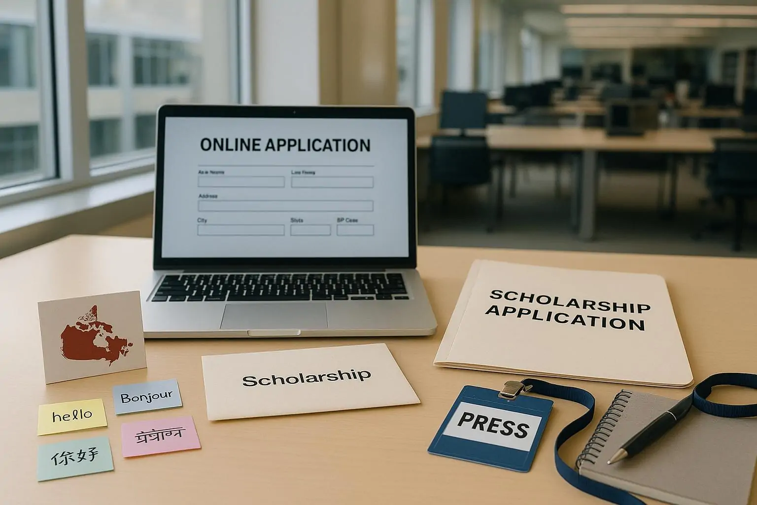 Рабочий стол с ноутбуком и документами для заявки на стипендию, заметки на разных языках, дневной свет
