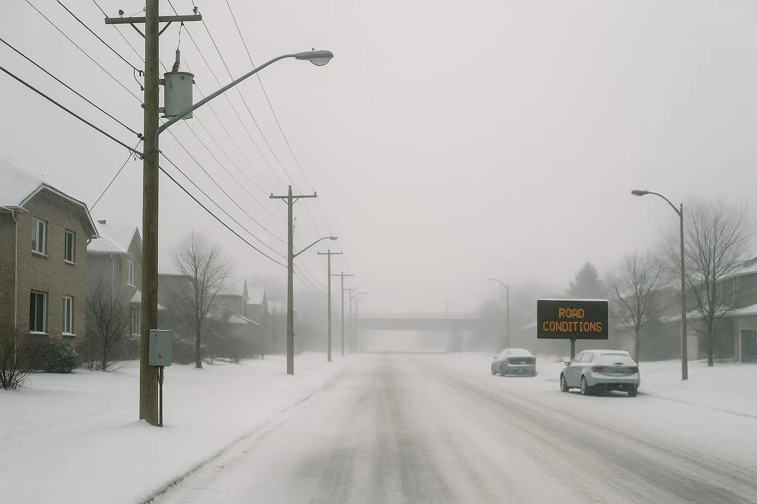 Заснеженная улица с линиями электропередачи и тёмными фонарями, вдали мост шоссе в Оттаве