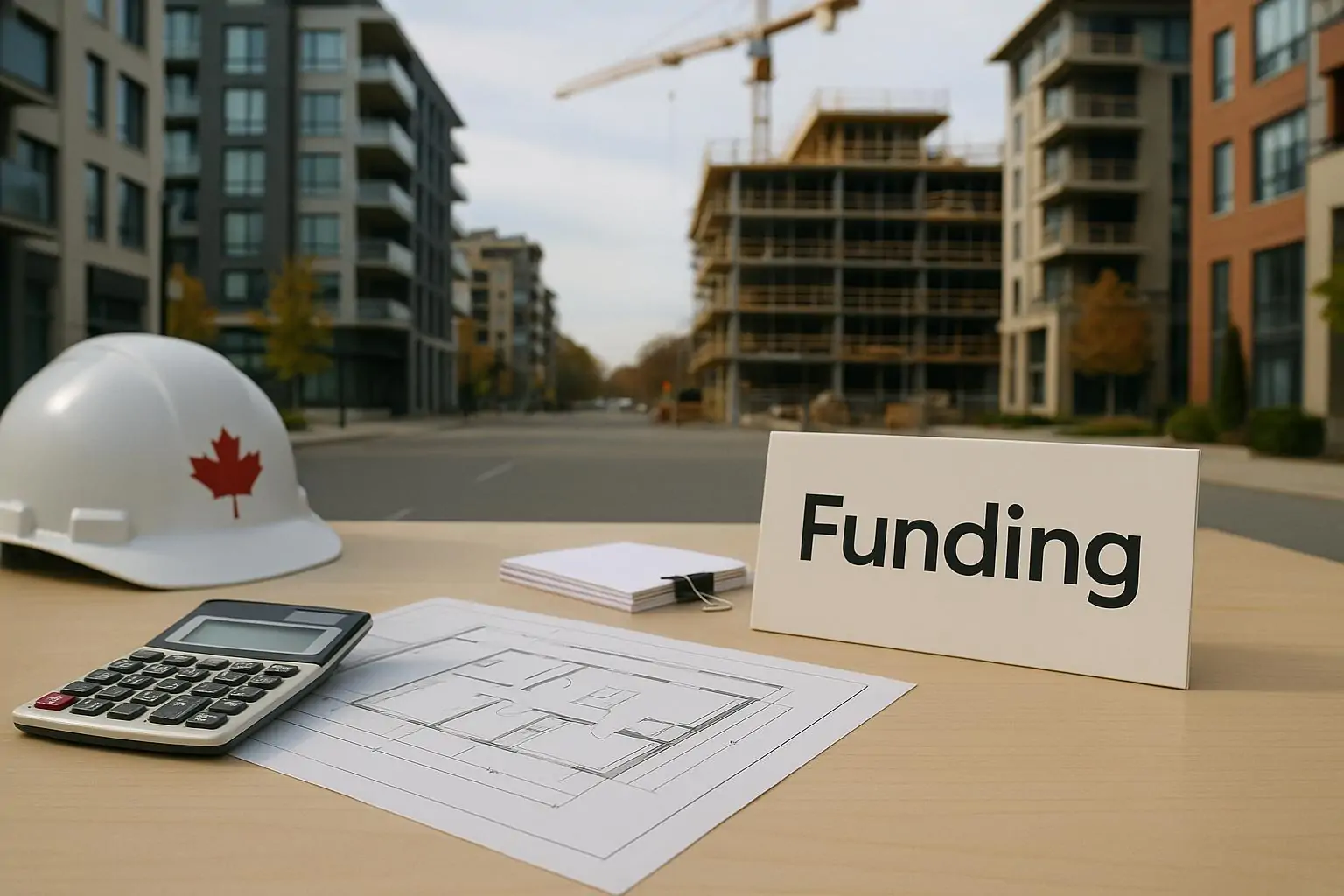 Чертёж новостройки и документы о финансировании на столе, на фоне спокойной городской стройплощадки в Канаде