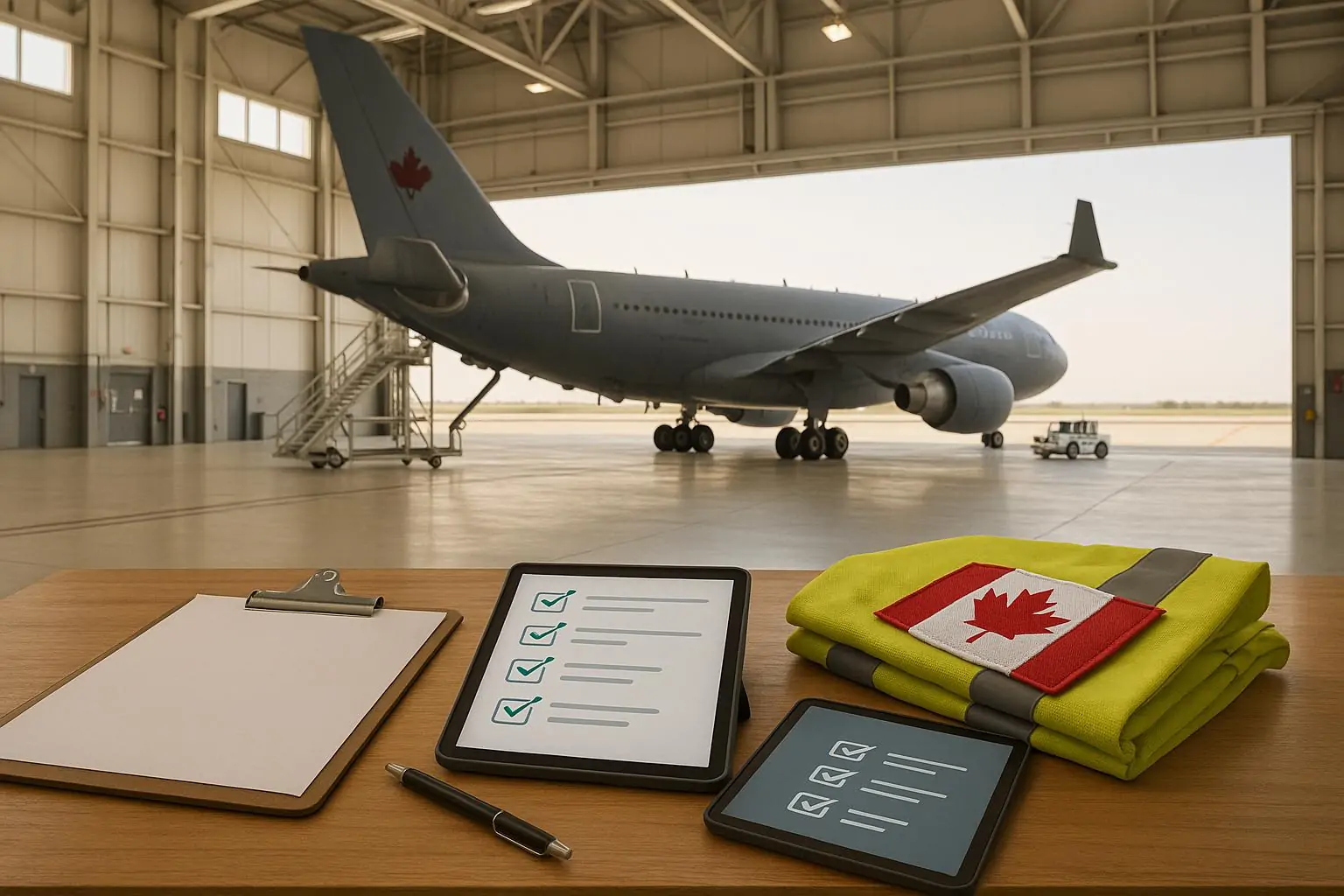 Ангар на канадской авиабазе: заправщик-транспортник и аккуратный стол с планом техобслуживания, дневной свет.