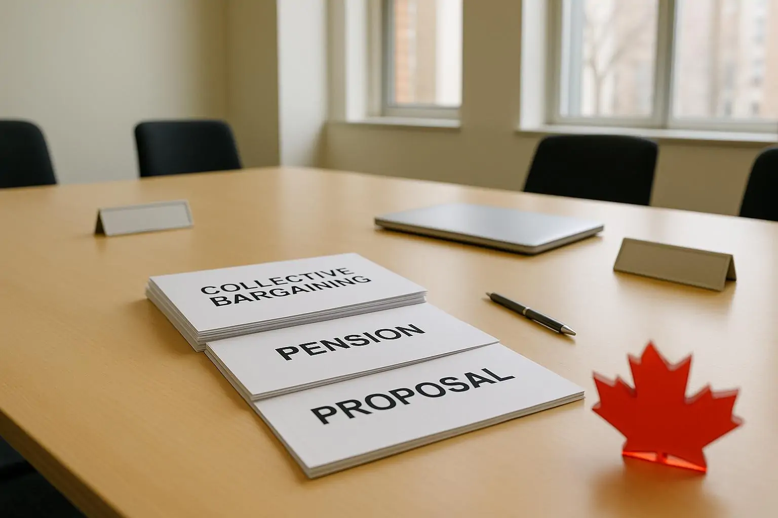 Папки с документами о пенсиях и переговорах на столе в светлой переговорной, нейтральный тон