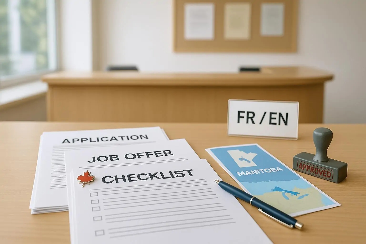 Папки с заявлением и чек-листом, табличка FR/EN и брошюра с картой Манитобы на стойке сервиса