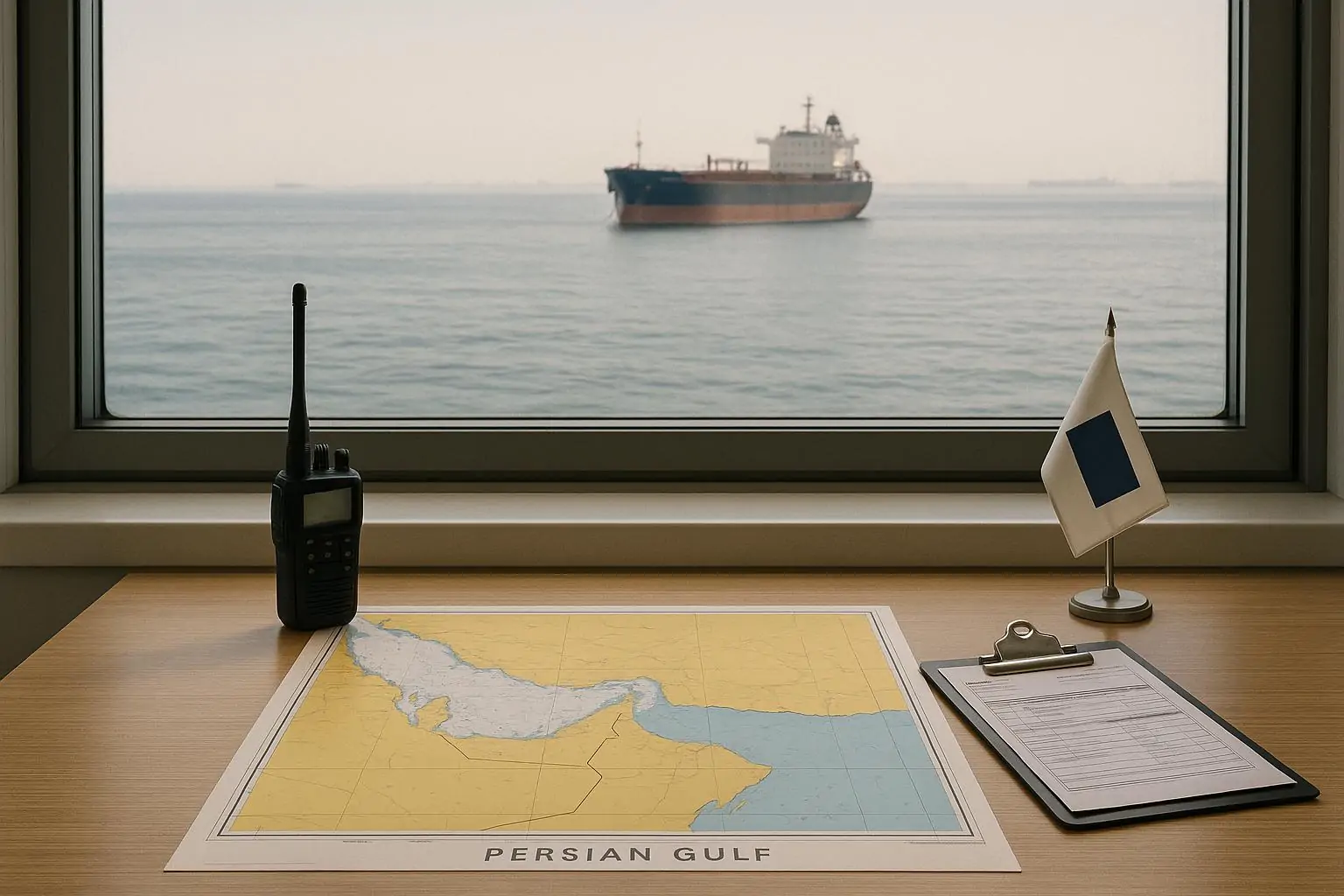 Спокойный портовый офис с картой Персидского залива и грузовым судном на рейде вдали, ожидание маршрута