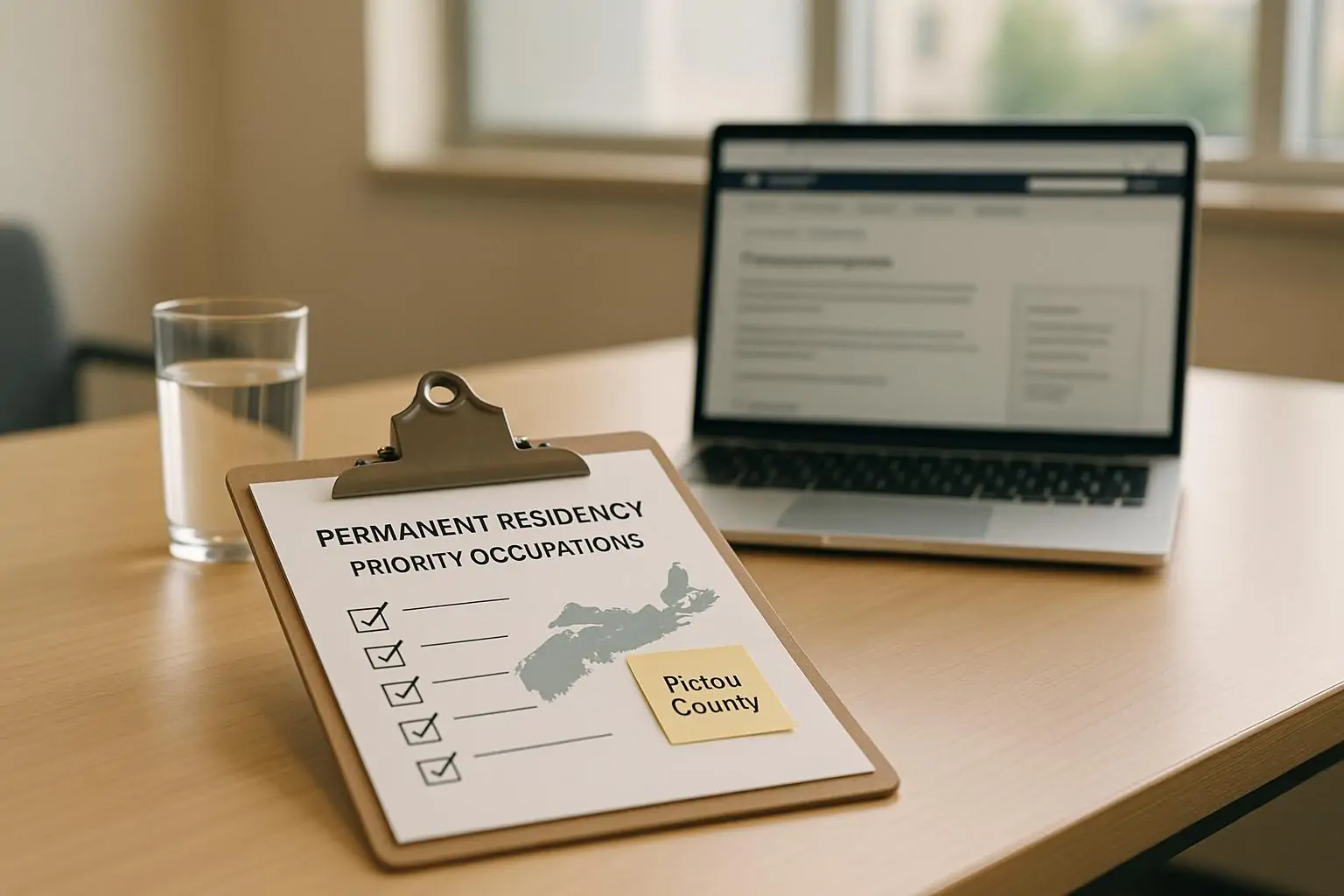 Рабочий стол в офисе с чек-листом приоритетных профессий и картой Новой Шотландии, выделен Пикту