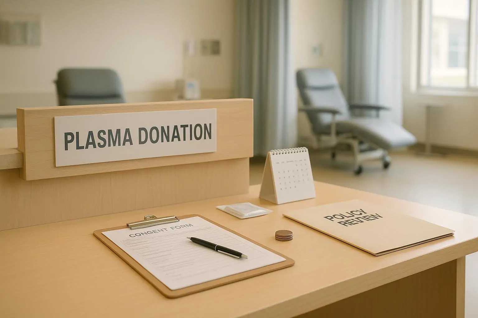 Пустая зона регистрации в центре донорства плазмы с формами и папкой «проверка правил выплат»