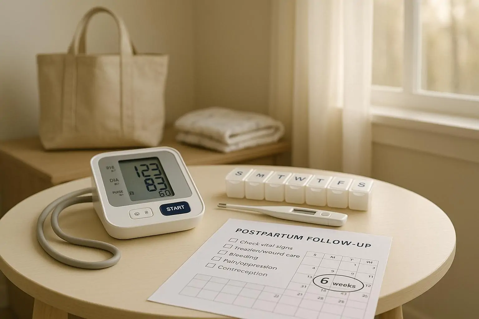 Домашний стол у окна с тонометром, термометром и чек-листом послеродового контроля на 6 недель