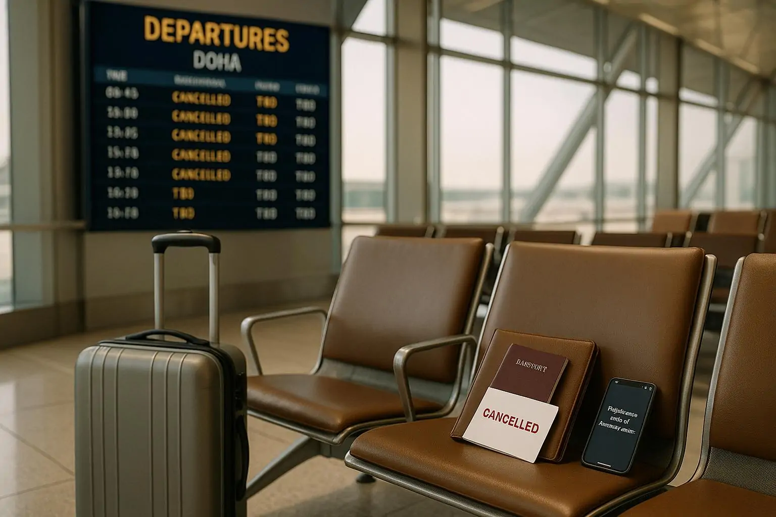Тихая зона ожидания в аэропорту Дохи: чемодан, документы и табло с отменёнными вылетами
