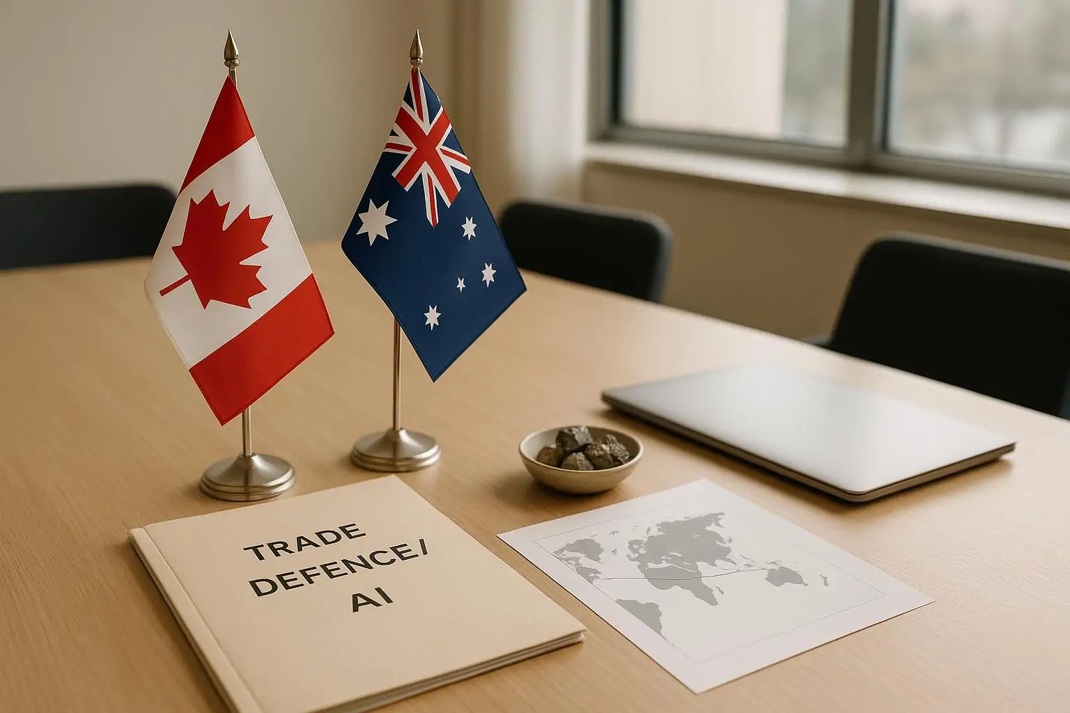 Флаги Канады и Австралии рядом на столе, карта мира и папка о торговле, обороне и ИИ при дневном свете