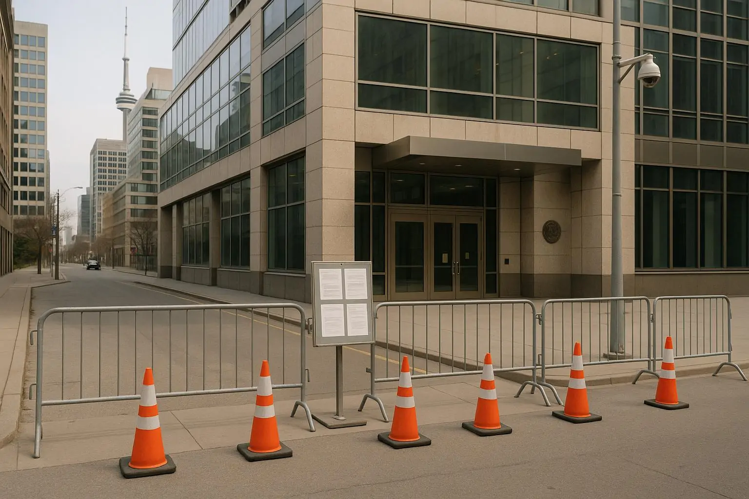 Утренний городской квартал у современного консульства: ограждения и конусы, спокойная обстановка и усиленная безопасность.