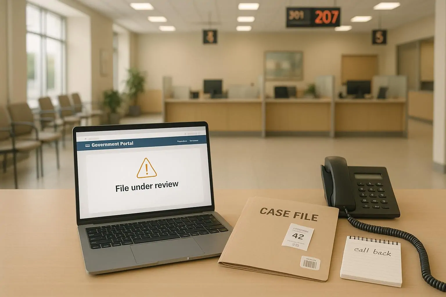 Ноутбук с порталом госуслуг и папка «дело» на столе в светлом офисе, символ цифровой соцпомощи