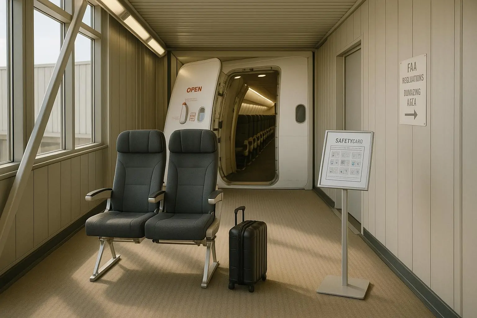 Пустой салон экономкласса с заметно тесным шагом кресел у входа в самолёт, нейтральный дневной свет.