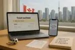 Ноутбук и смартфон с предупреждением о проверке билетов и жилья перед ЧМ-2026 в Канаде