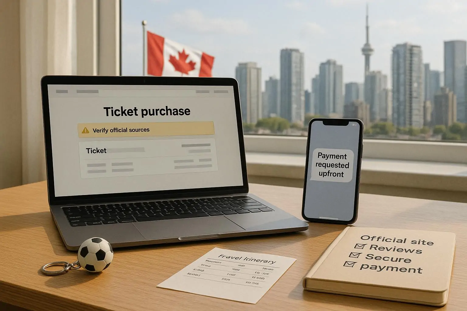 Ноутбук и смартфон с предупреждением о проверке билетов и жилья перед ЧМ-2026 в Канаде