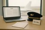 Офис у окна аэропорта: ноутбук с размытым решением, пилотская фуражка и ведомости выплат, мягкий дневной свет.