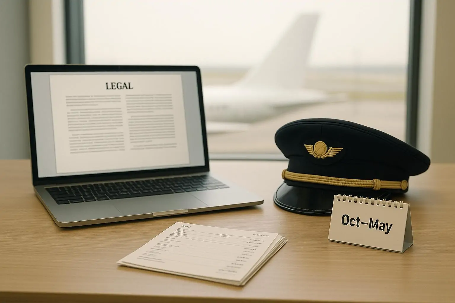 Офис у окна аэропорта: ноутбук с размытым решением, пилотская фуражка и ведомости выплат, мягкий дневной свет.