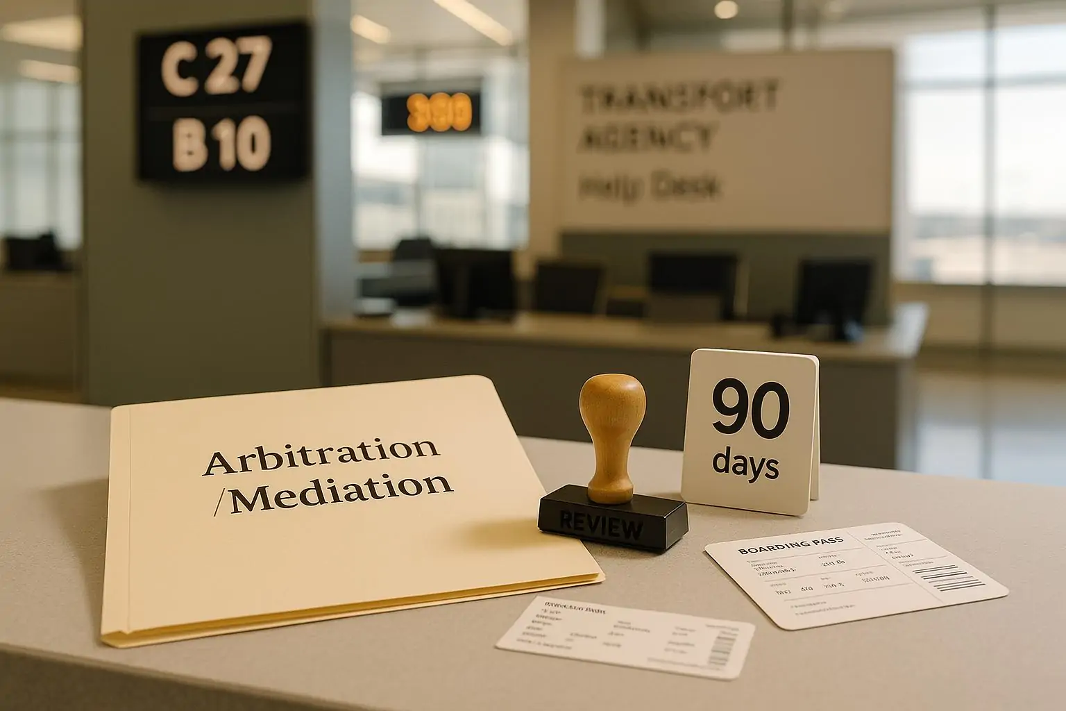 Папка «Arbitration» и штамп «Review» на стойке в аэропорту, на фоне размытый экран очереди.