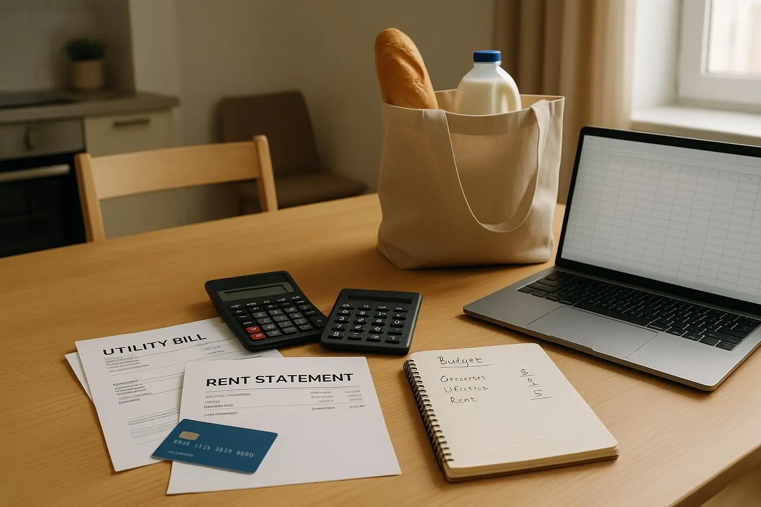 Счета и калькулятор на столе в небольшой квартире при дневном свете, символ роста расходов и паузы в покупках