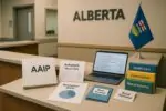 Офисный стол с папками AAIP и «Invitations March 2026», графиками квот и флагом Альберты на фоне