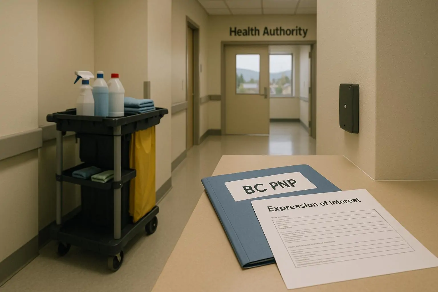 Тихий коридор больницы в Британской Колумбии: тележка клининга и стойка охраны рядом с папкой BC PNP.